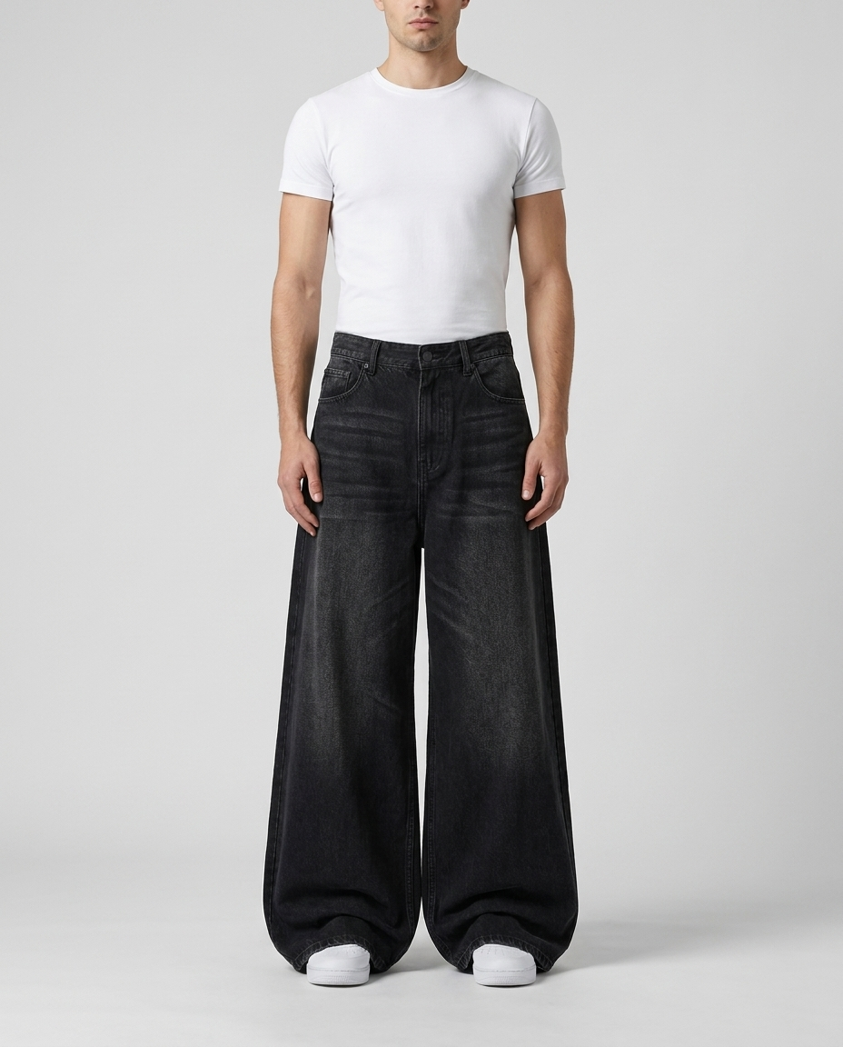 Session baggy jeans in shadow black on model — ultra wide skate fit