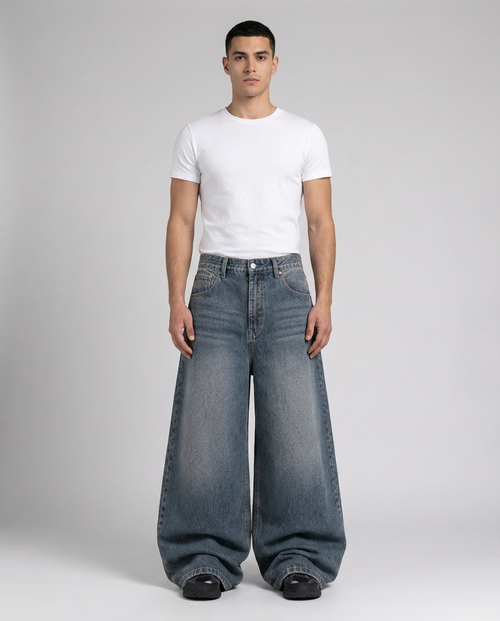 Big Easy baggy jeans in faded indigo on model — ultra wide leg