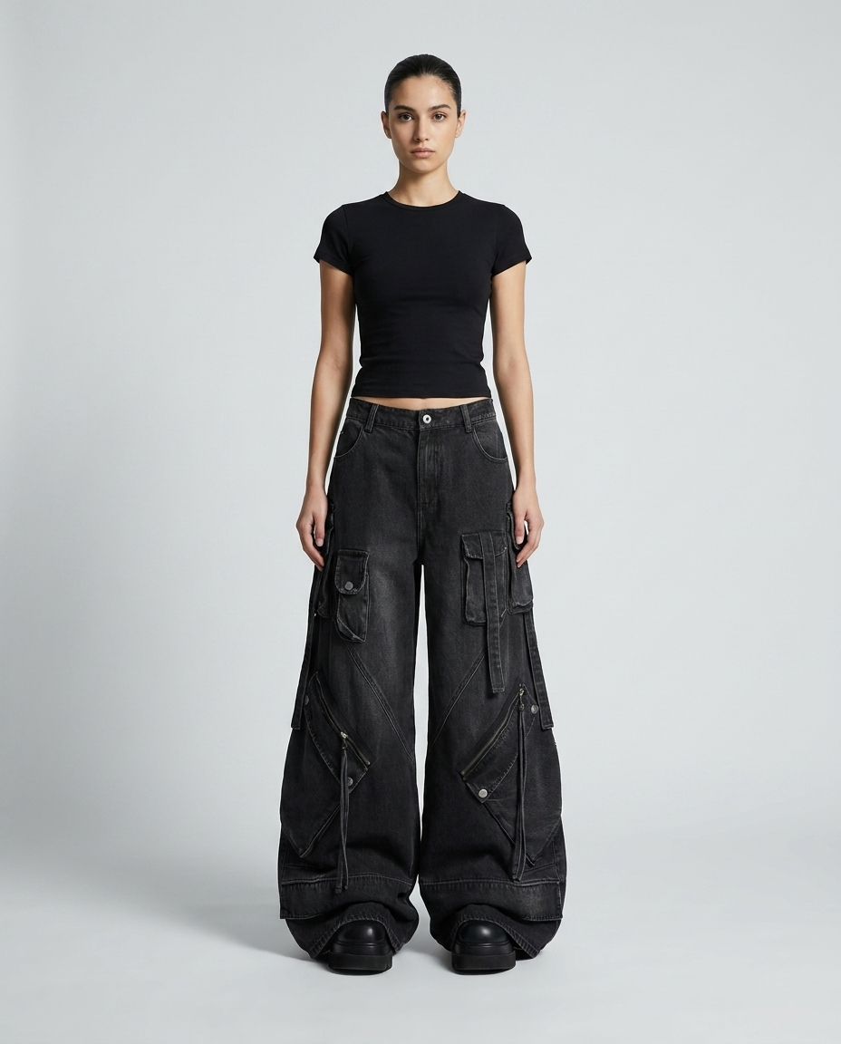 Women's cargo baggy jeans in jet black on model — mega baggy fit