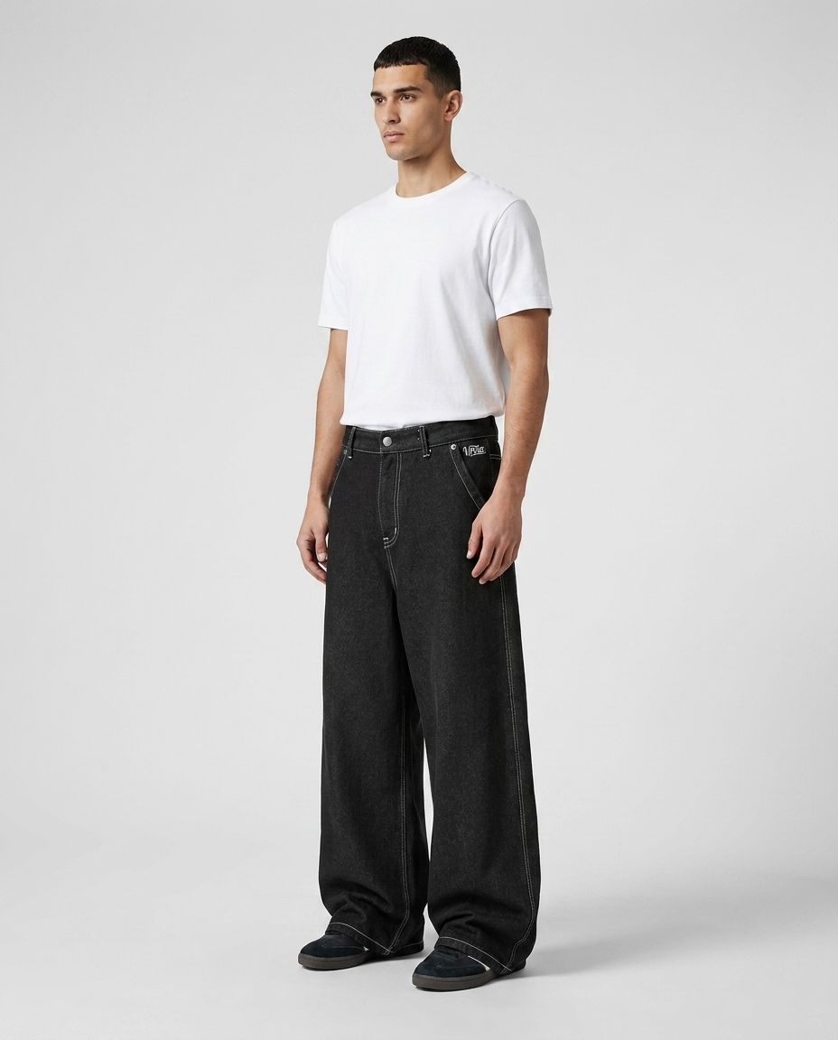 Big Easy baggy jeans in black with back graphic on model — mega baggy fit