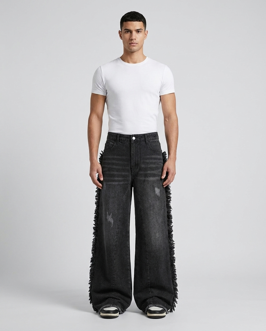 Big Easy baggy jeans in frayed black on model — ultra wide fit with side fringe