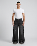 Big Easy baggy jeans in frayed black on model — ultra wide fit with side fringe