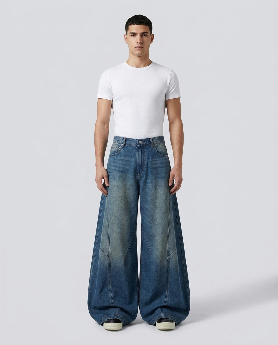 Session Baggy Jeans Spliced Blue on model — mega baggy fit covering sneakers