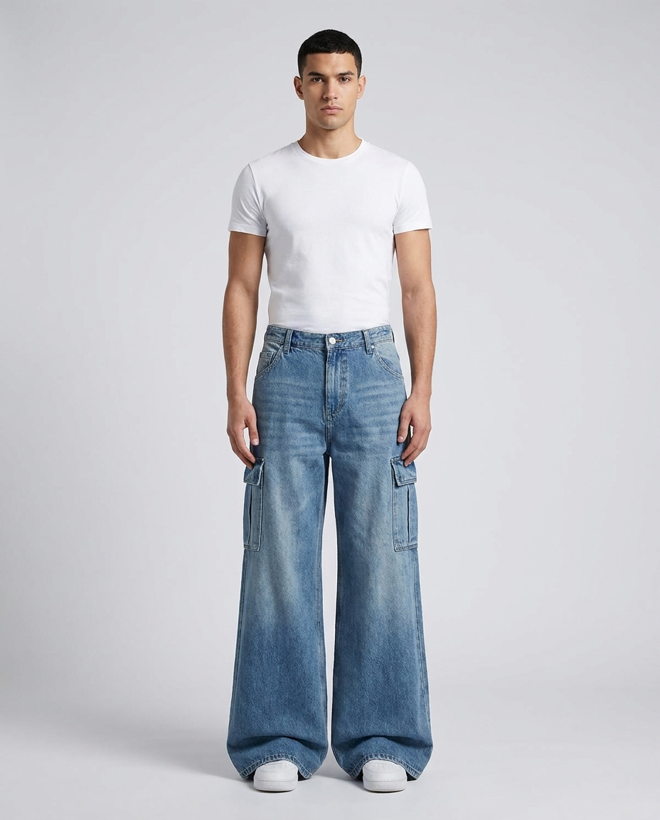 Foreman Carpenter Jeans Retro Wash on model — mega baggy fit covering sneakers