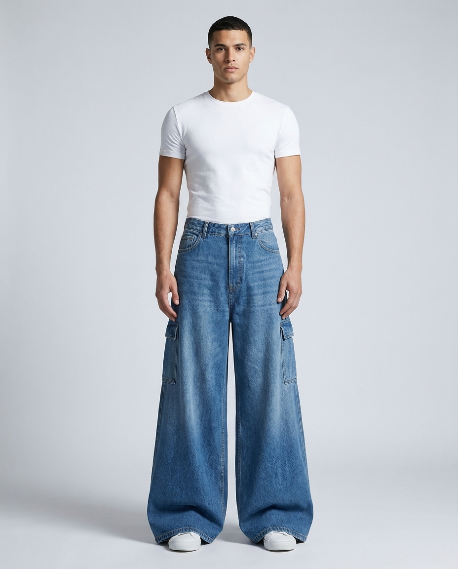 Big Easy Cargo Jeans Workshop Blue on model — mega baggy fit covering sneakers