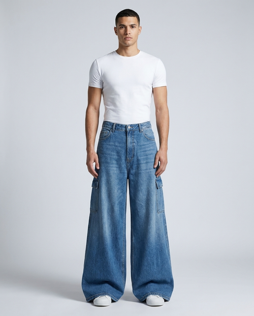 Big Easy Cargo Jeans Workshop Blue on model — mega baggy fit covering sneakers