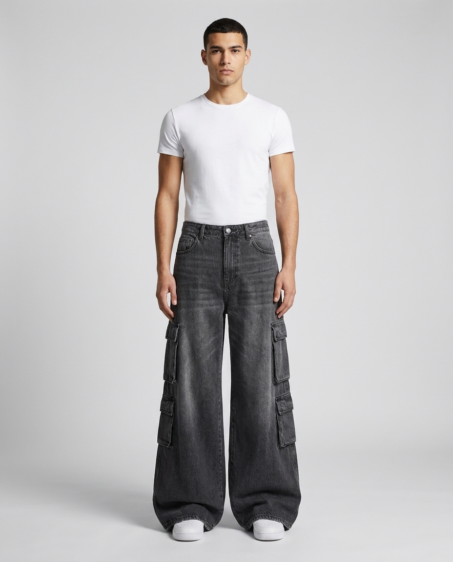Foreman Carpenter Jeans Street Wash on model — mega baggy fit covering sneakers