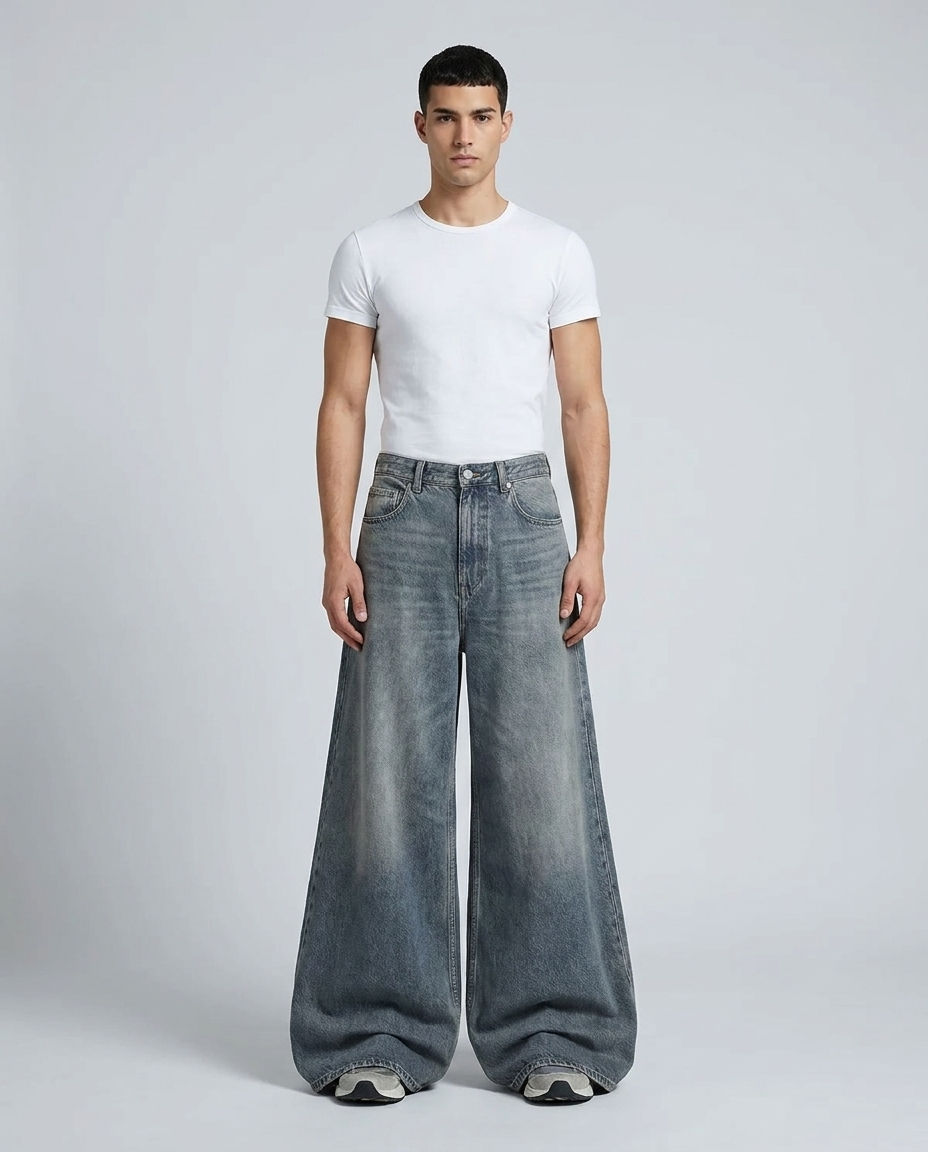 Big Easy Baggy Jeans Flex Indigo on model — mega baggy fit covering sneakers