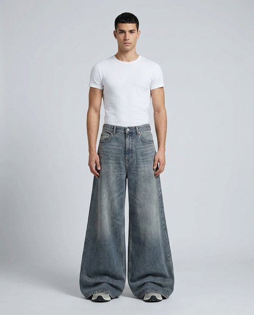 Big Easy Baggy Jeans Flex Indigo on model — mega baggy fit covering sneakers
