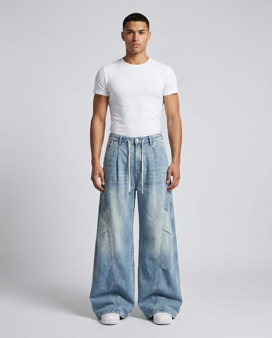 Slack Cargo Jeans Pleated Patchwork on model — mega baggy fit covering sneakers