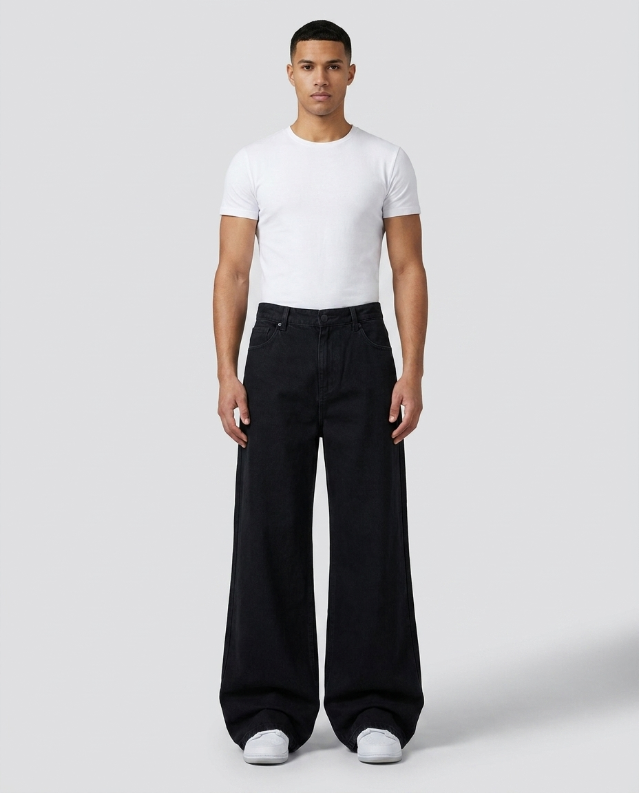 Easy Cargo Jeans Black on model — mega baggy fit covering sneakers