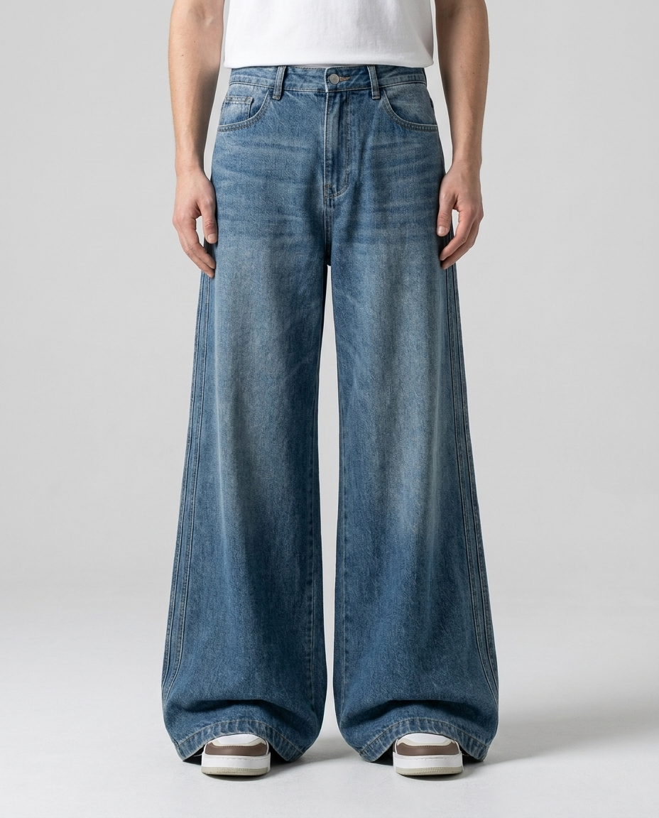 Slack Loose Fit Jeans Three-Bar Retro on model — mega baggy fit covering sneakers
