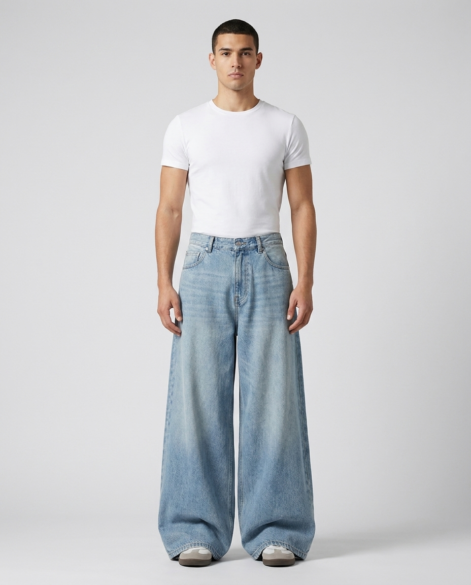 Slack Cargo Jeans Vintage Wash on model — mega baggy fit covering sneakers