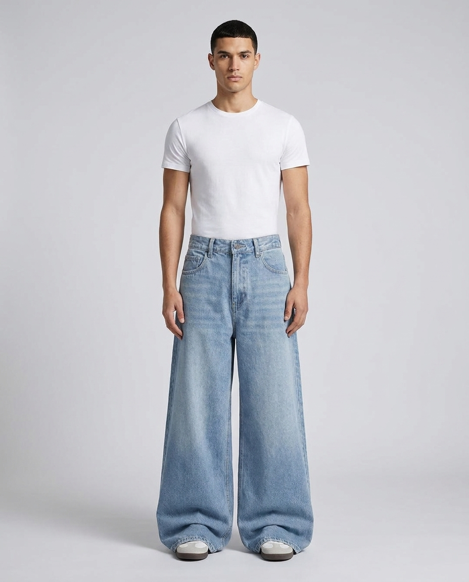 Big Easy Baggy Jeans Sun Bleach on model — mega baggy fit covering sneakers