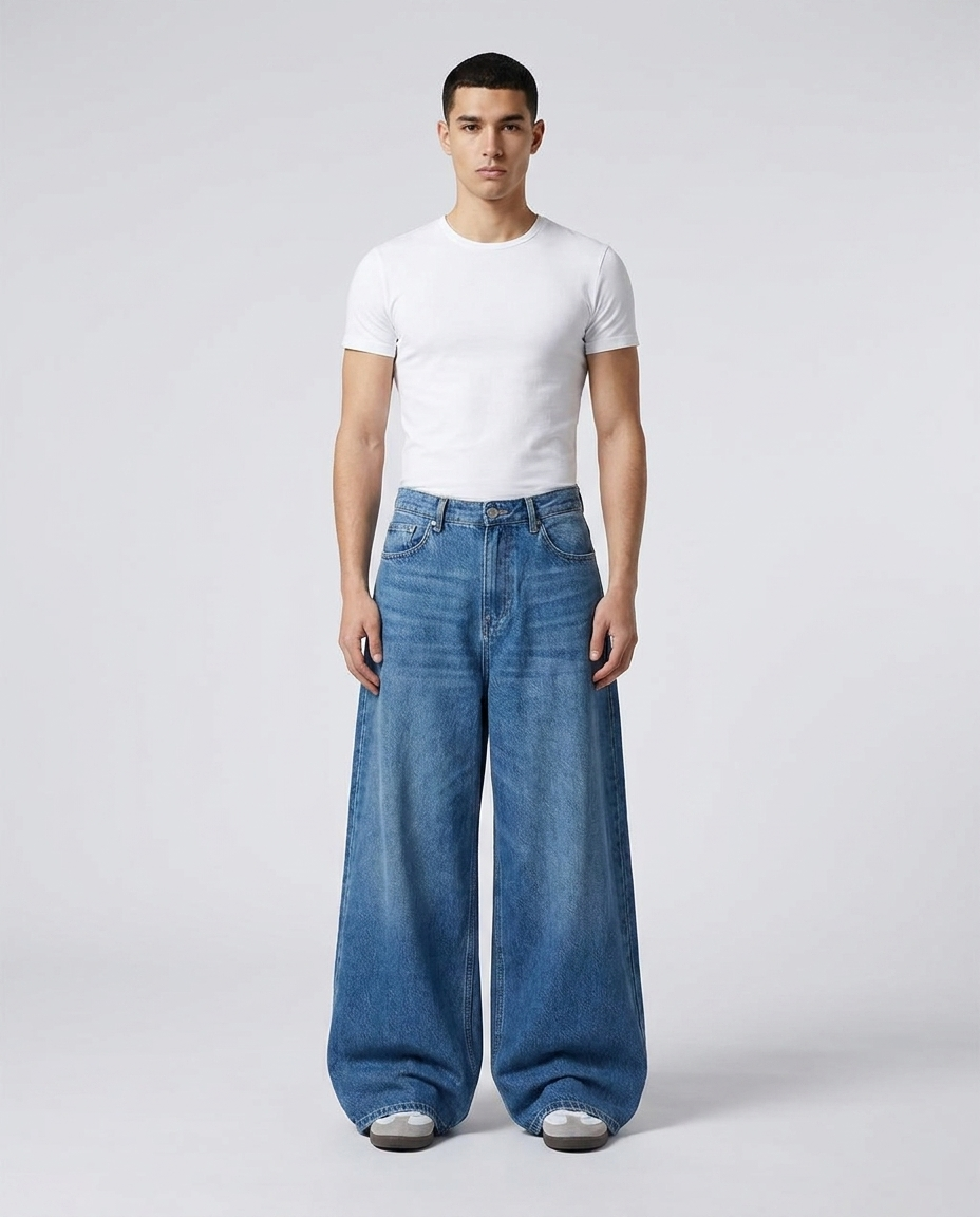 Big Easy Baggy Jeans Classic Blue on model — mega baggy fit covering sneakers