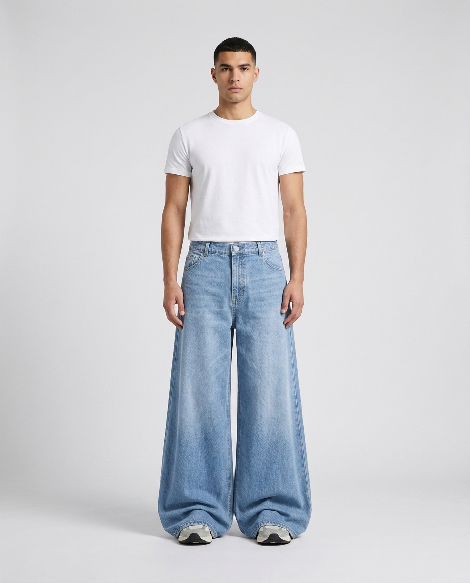 Big Easy Baggy Jeans Pale Indigo on model — mega baggy fit covering sneakers