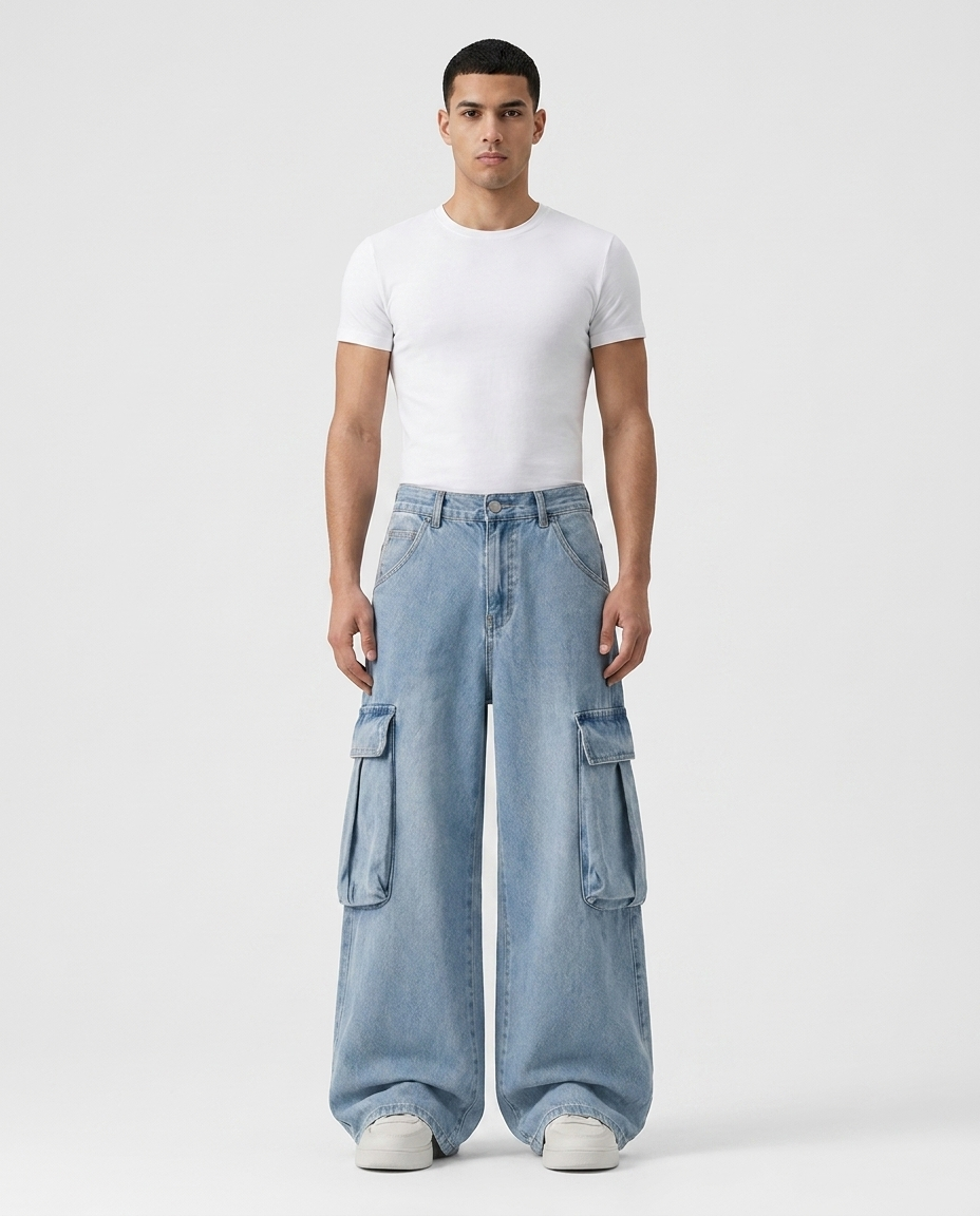 Big Easy Cargo Jeans Pale Wash on model — mega baggy fit covering sneakers