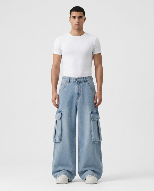 Big Easy Cargo Jeans Pale Wash on model — mega baggy fit covering sneakers