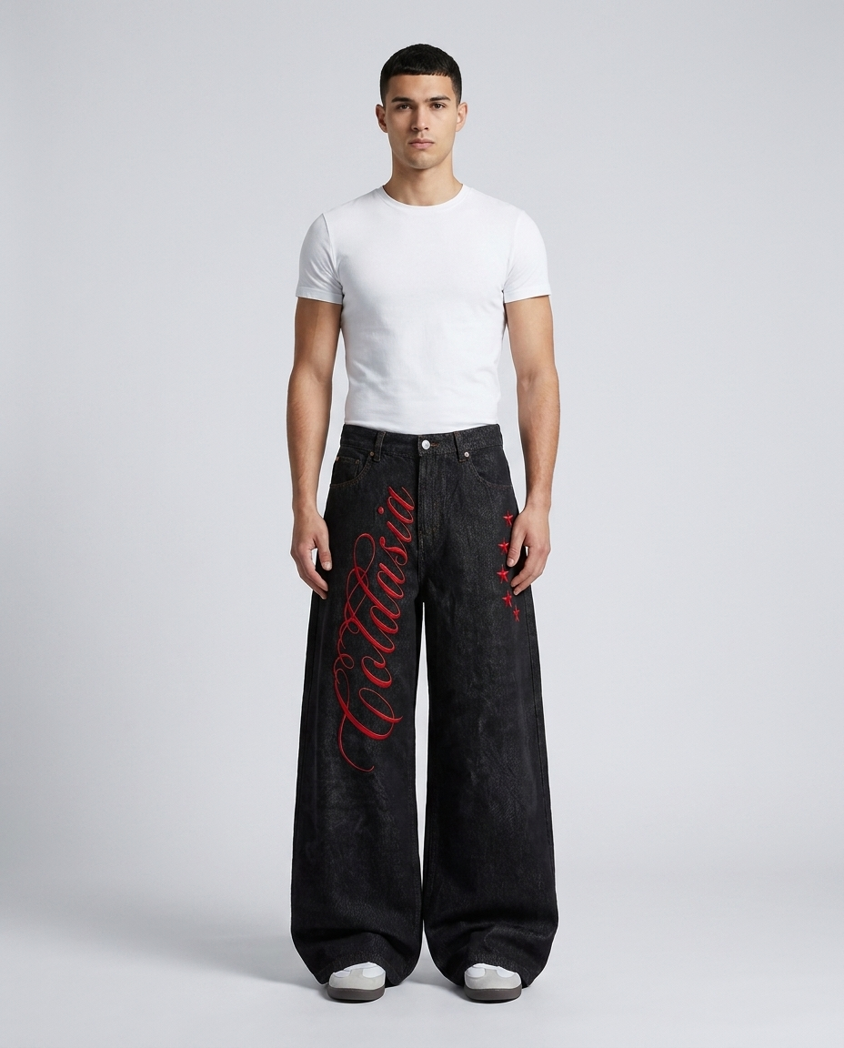 Boulevard Embroidered Jeans — Patch Indigo on model — mega baggy fit covering sneakers