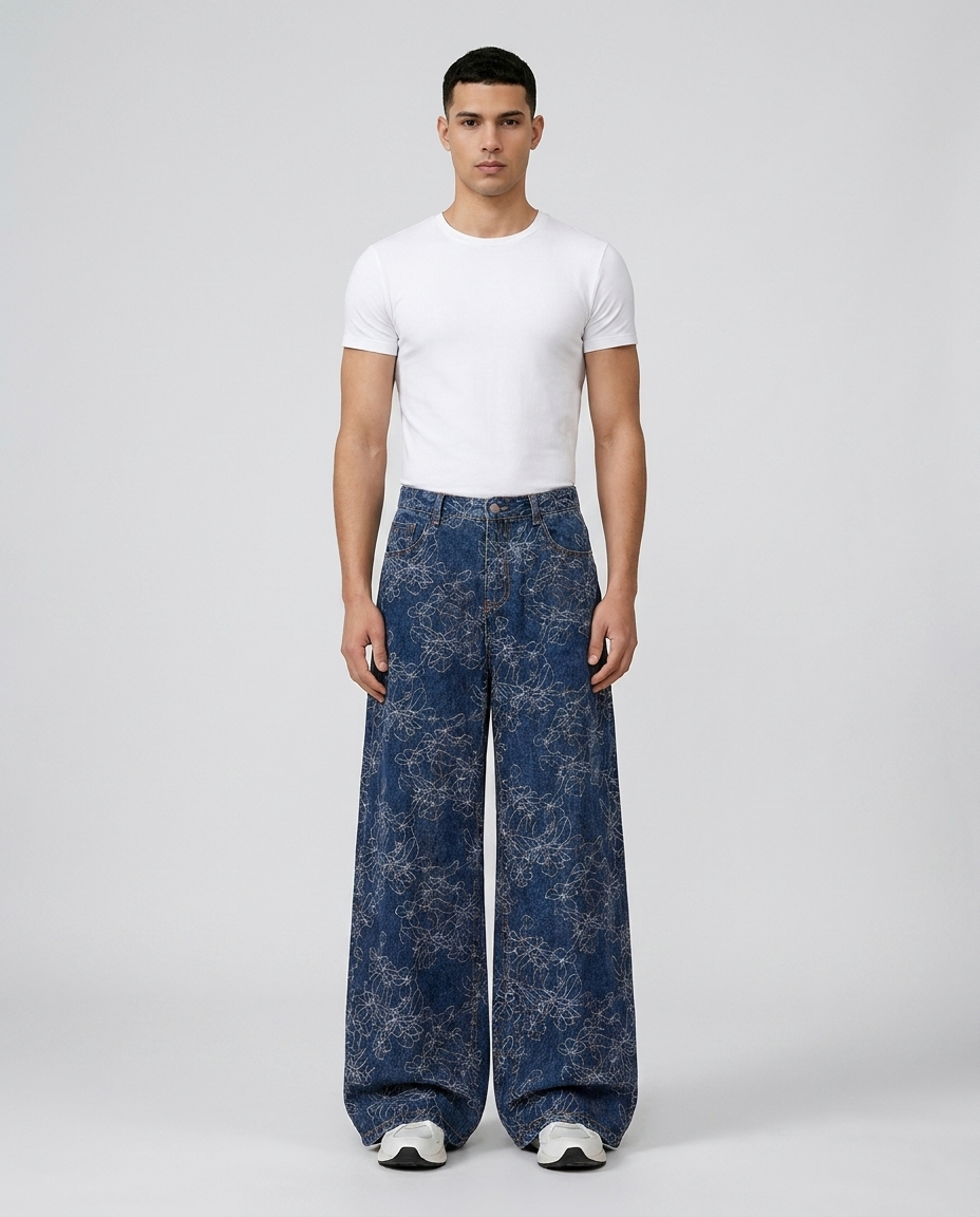 Boulevard Jeans — Bloom Indigo on model — mega baggy fit covering sneakers