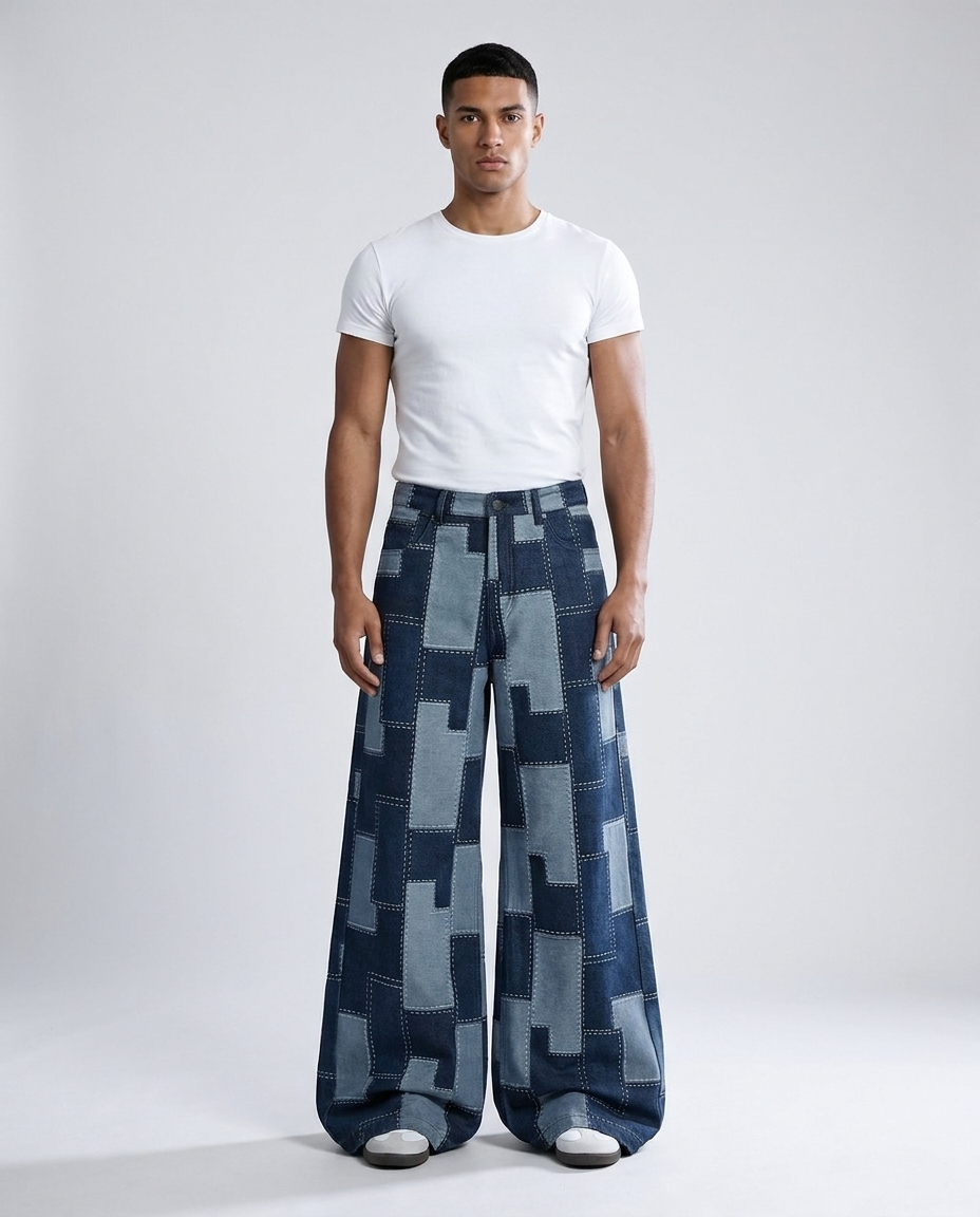 Boulevard Jeans — Pixel Fade on model — mega baggy fit covering sneakers
