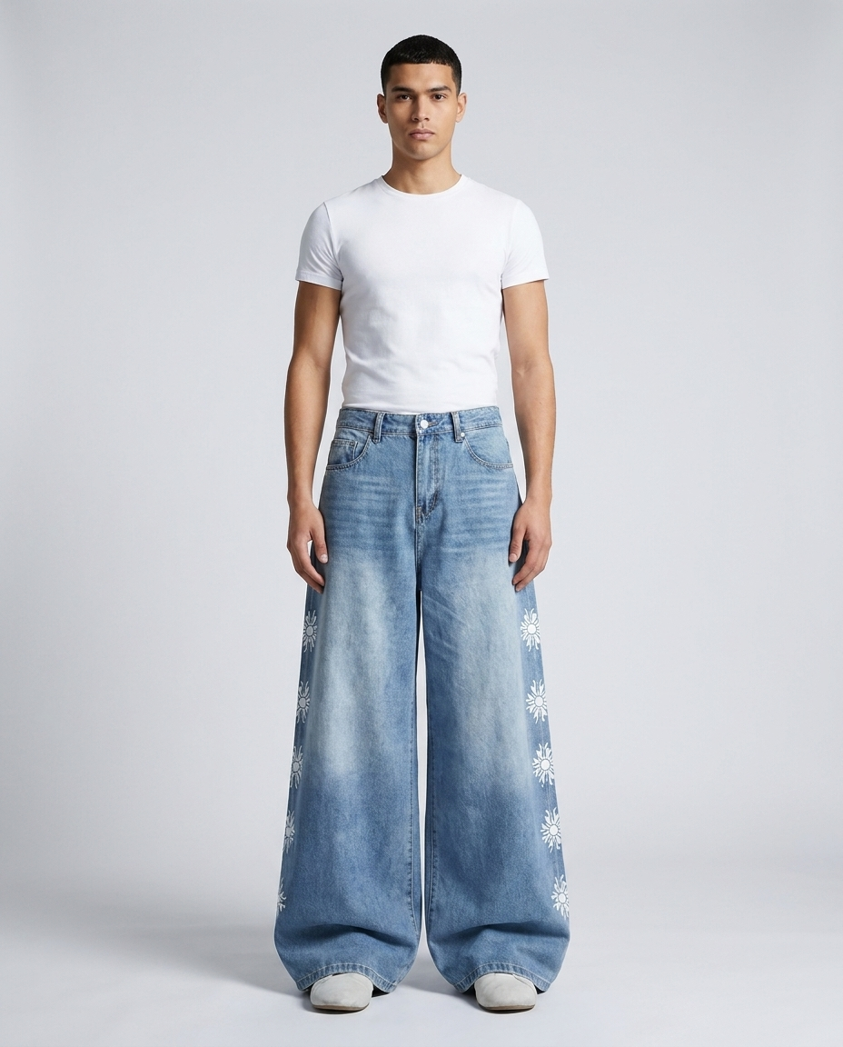 Boulevard Jeans — Sky Bloom on model — mega baggy fit covering sneakers