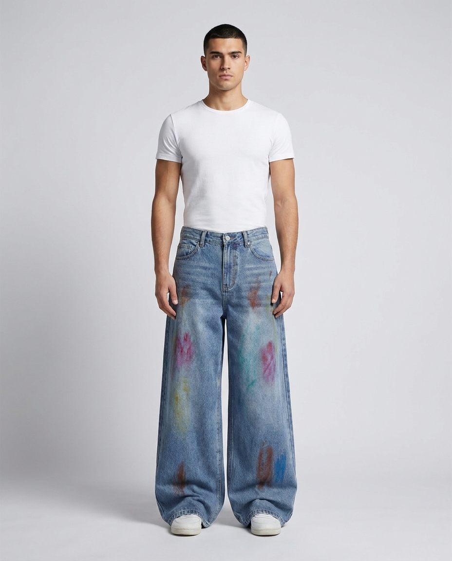 Slack Jeans — Ink Drip on model — mega baggy fit covering sneakers