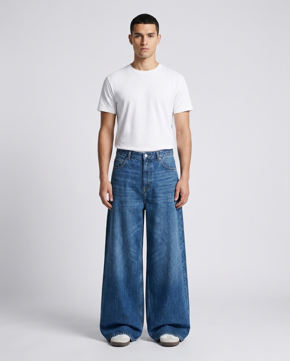 Slack Jeans — Loom Blue on model — mega baggy fit covering sneakers