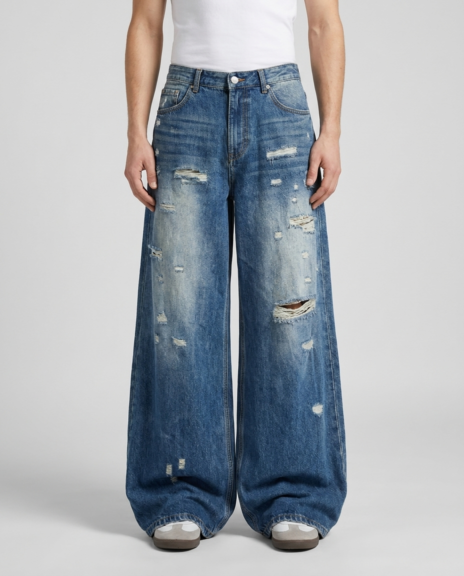 Slack Ripped Jeans — Worn Blue on model — mega baggy fit covering sneakers