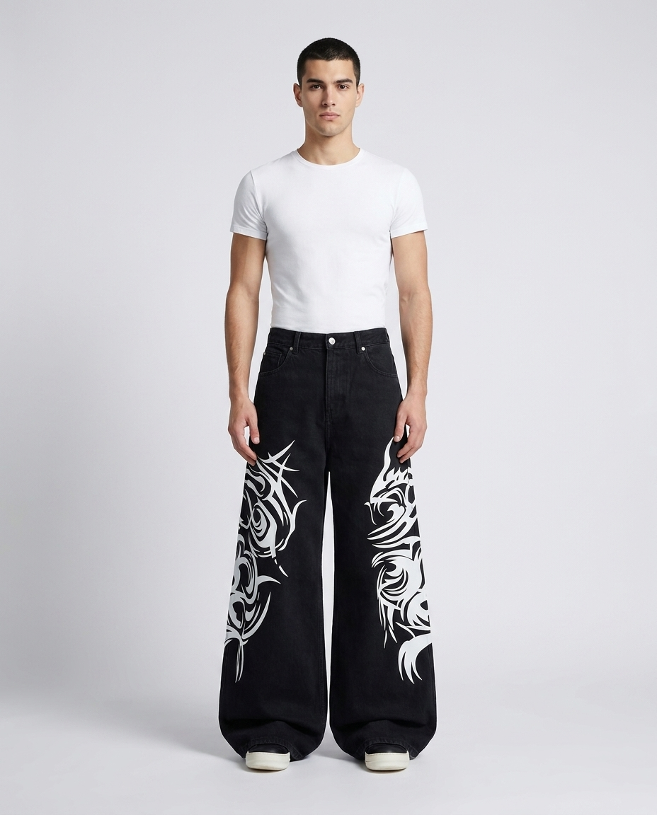 Slack Jeans — Totem Clay on model — mega baggy fit covering sneakers