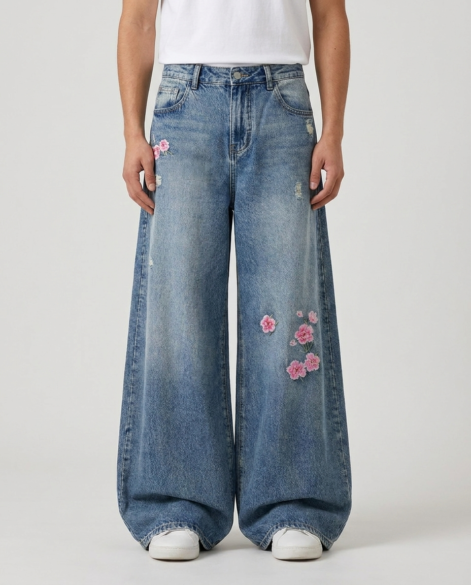 Boulevard Distressed Jeans — Cherry Fade on model — mega baggy fit covering sneakers
