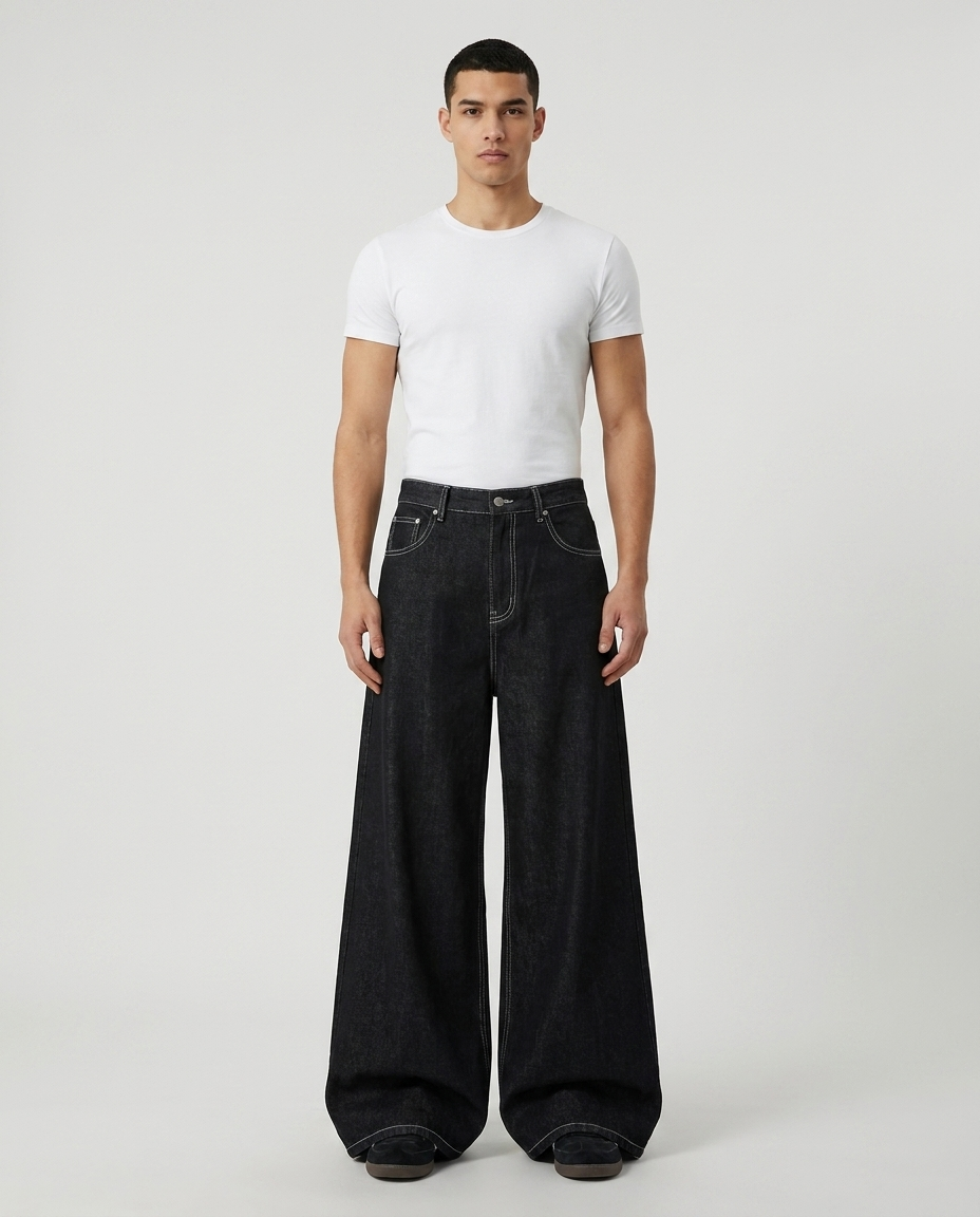 Boulevard Jeans — Coal Black on model — mega baggy fit covering sneakers