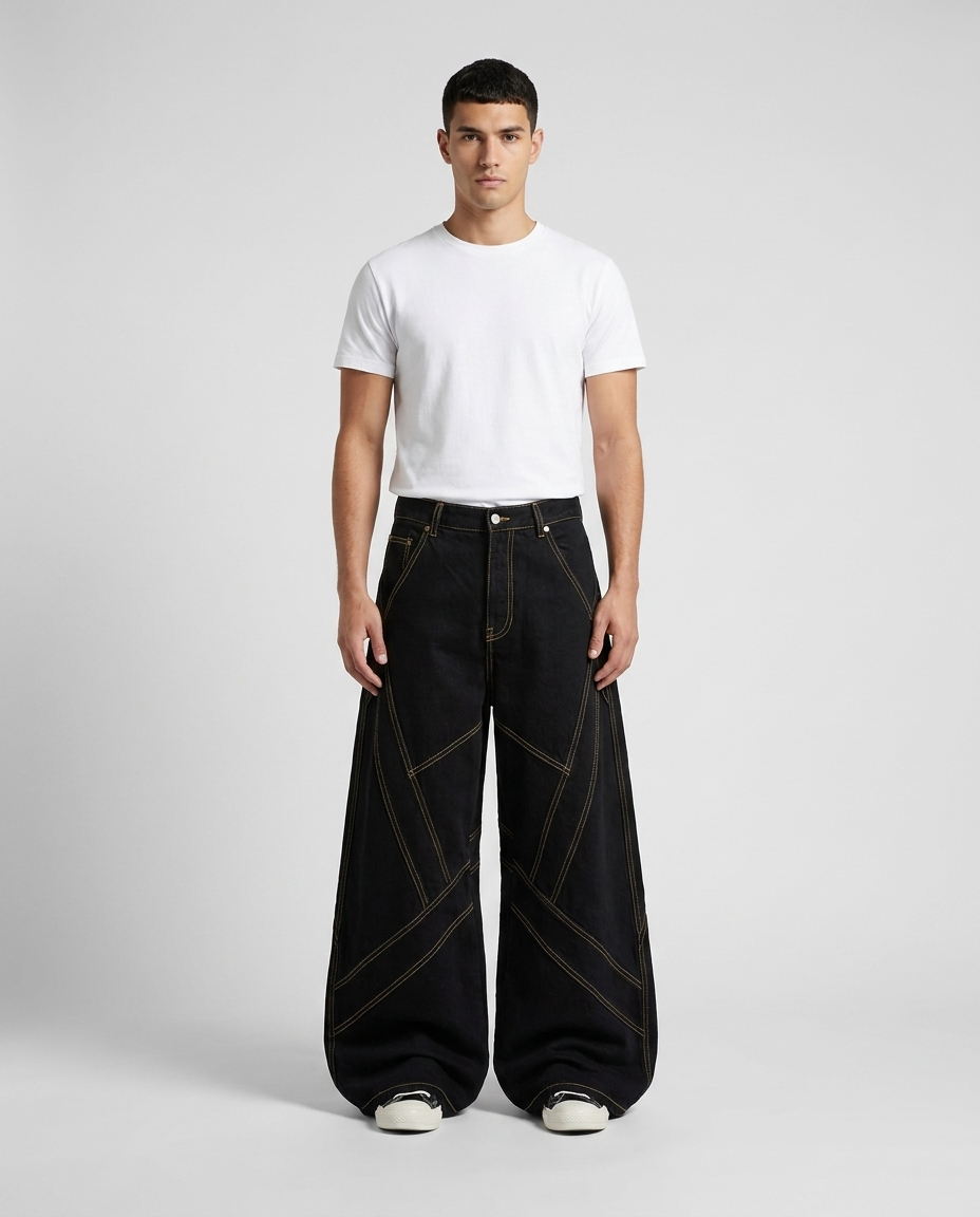 Boulevard Jeans — Gold Seam on model — mega baggy fit covering sneakers