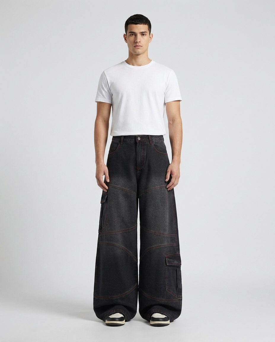 Foreman Jeans — Contrast Stitch on model — mega baggy fit covering sneakers