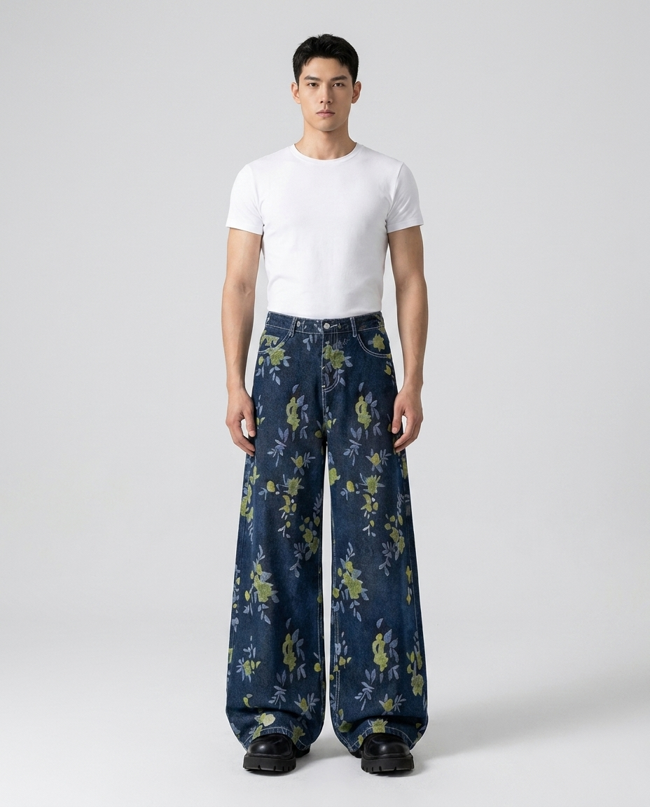 Slack Jeans — Meadow Weave on model — mega baggy fit covering sneakers