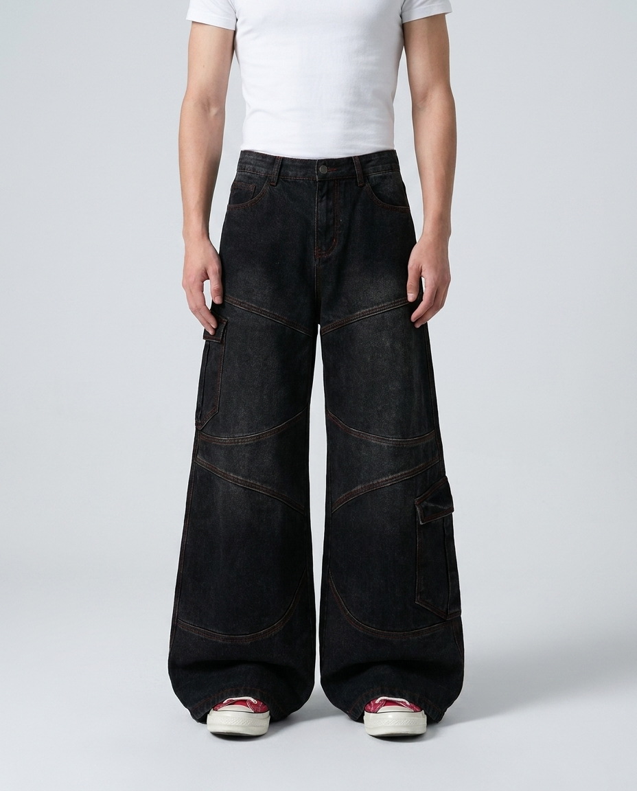 Boulevard Cargo Jeans — Onyx on model — mega baggy fit covering sneakers