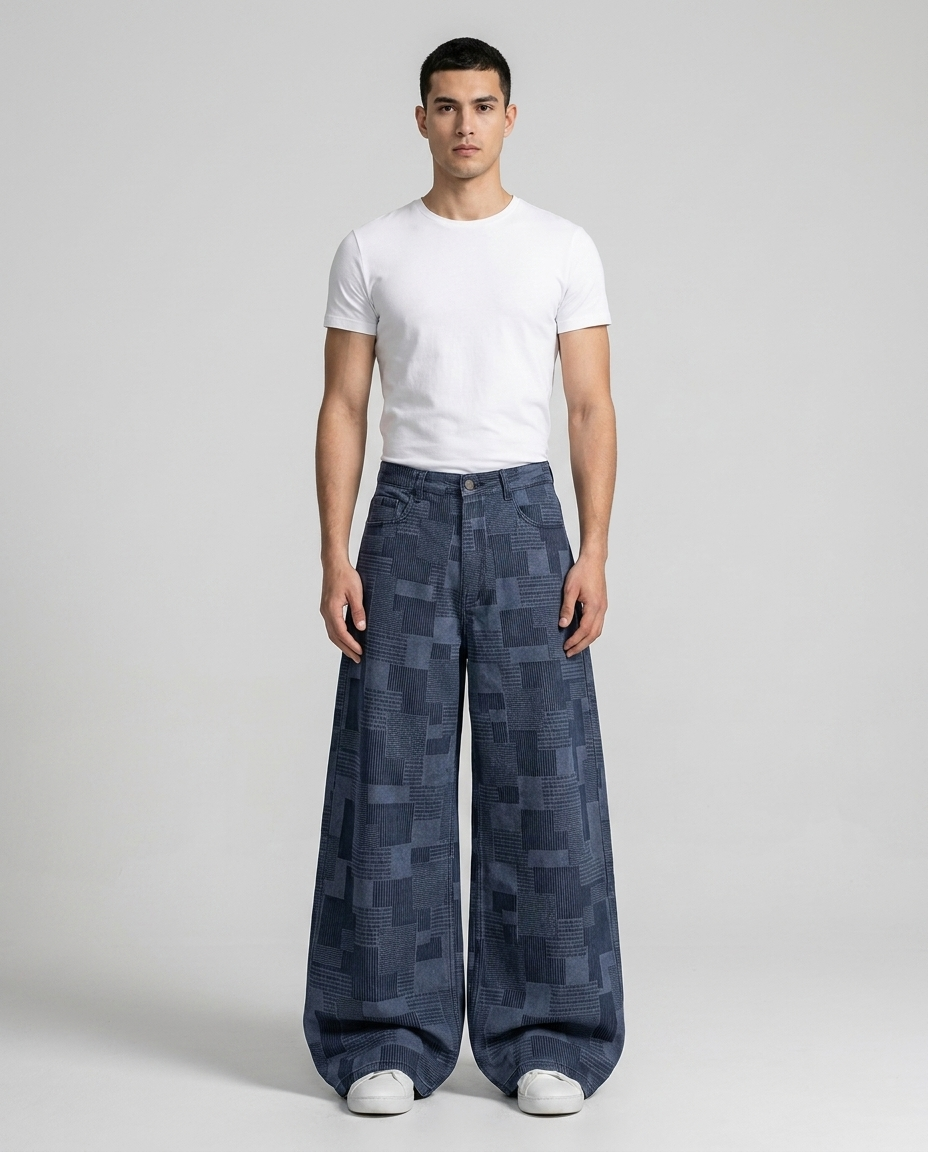 Boulevard Jeans — Block Print on model — mega baggy fit covering sneakers