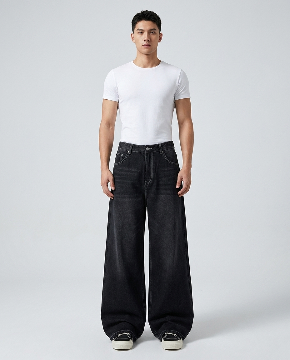 Slack Jeans — Blacktop on model — mega baggy fit covering sneakers