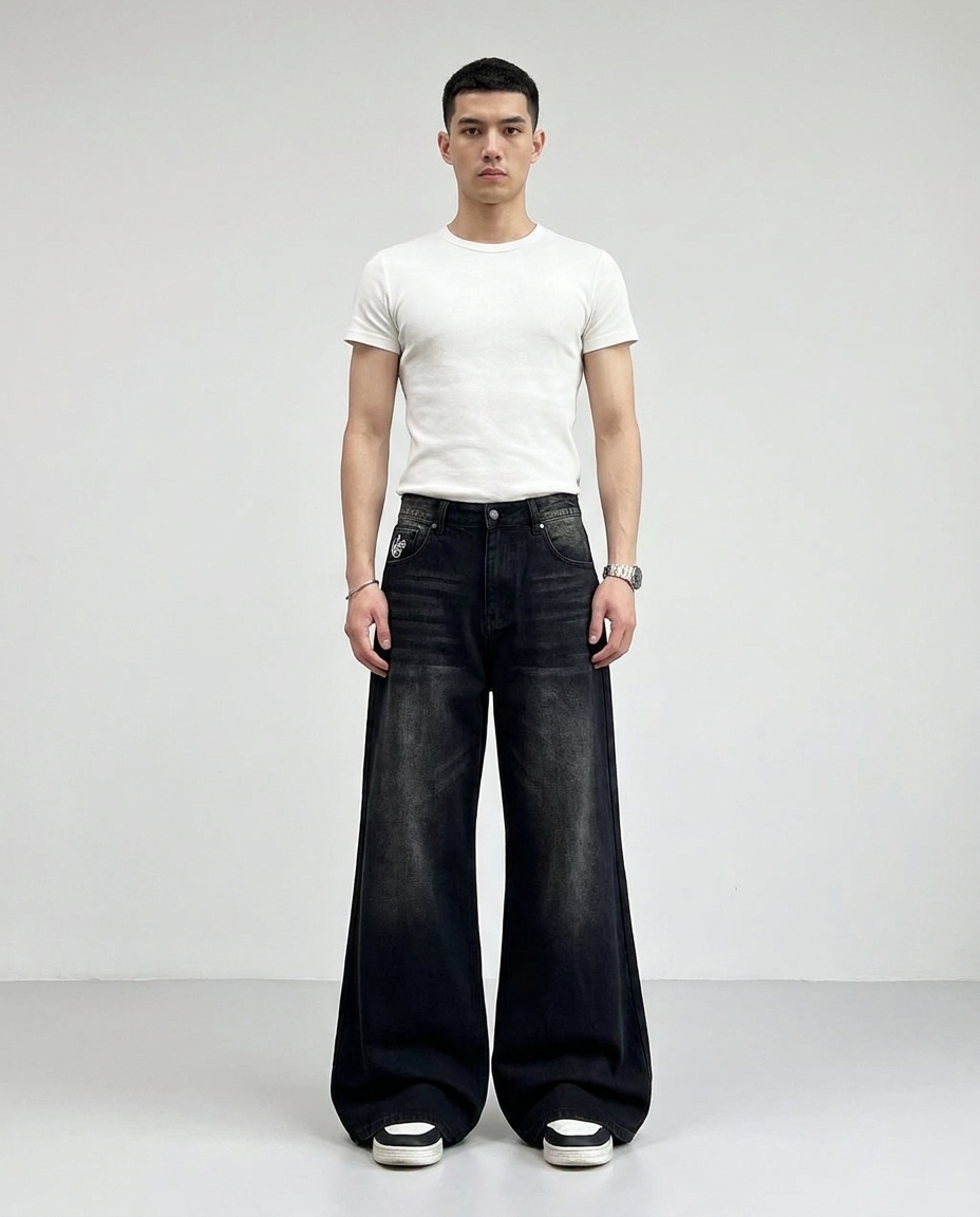 Slack Jeans — Bone Wash on model — mega baggy fit covering sneakers