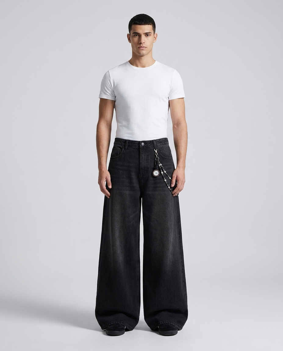 Slack Jeans — Skull Night on model — mega baggy fit covering sneakers