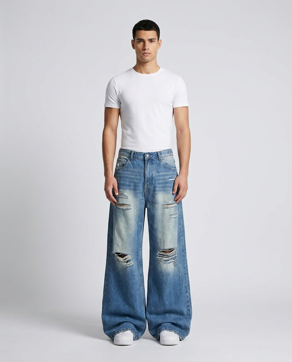 Slack Ripped Jeans — Faded Royal on model — mega baggy fit covering sneakers