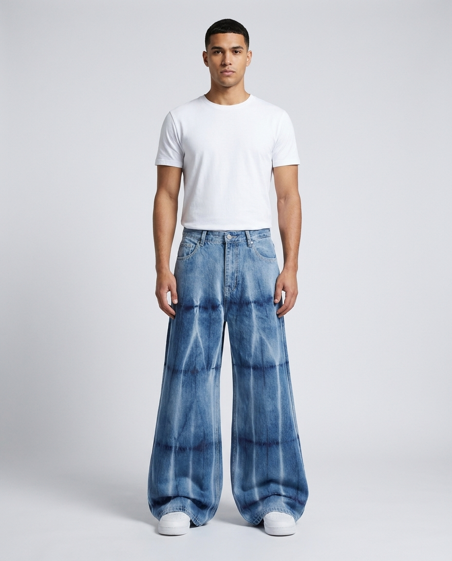 Boulevard Jeans — True Blue on model — mega baggy fit covering sneakers