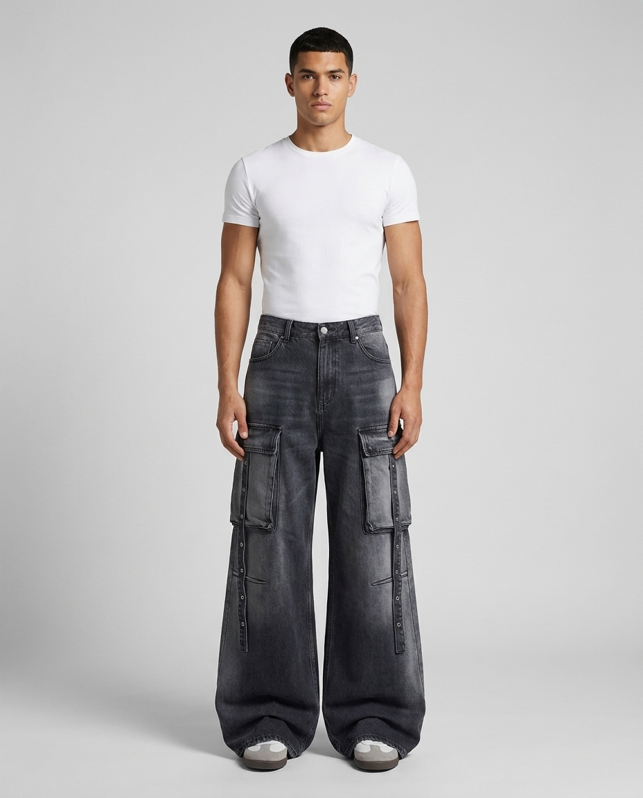 Foreman Jeans — Iron Wash on model — mega baggy fit covering sneakers