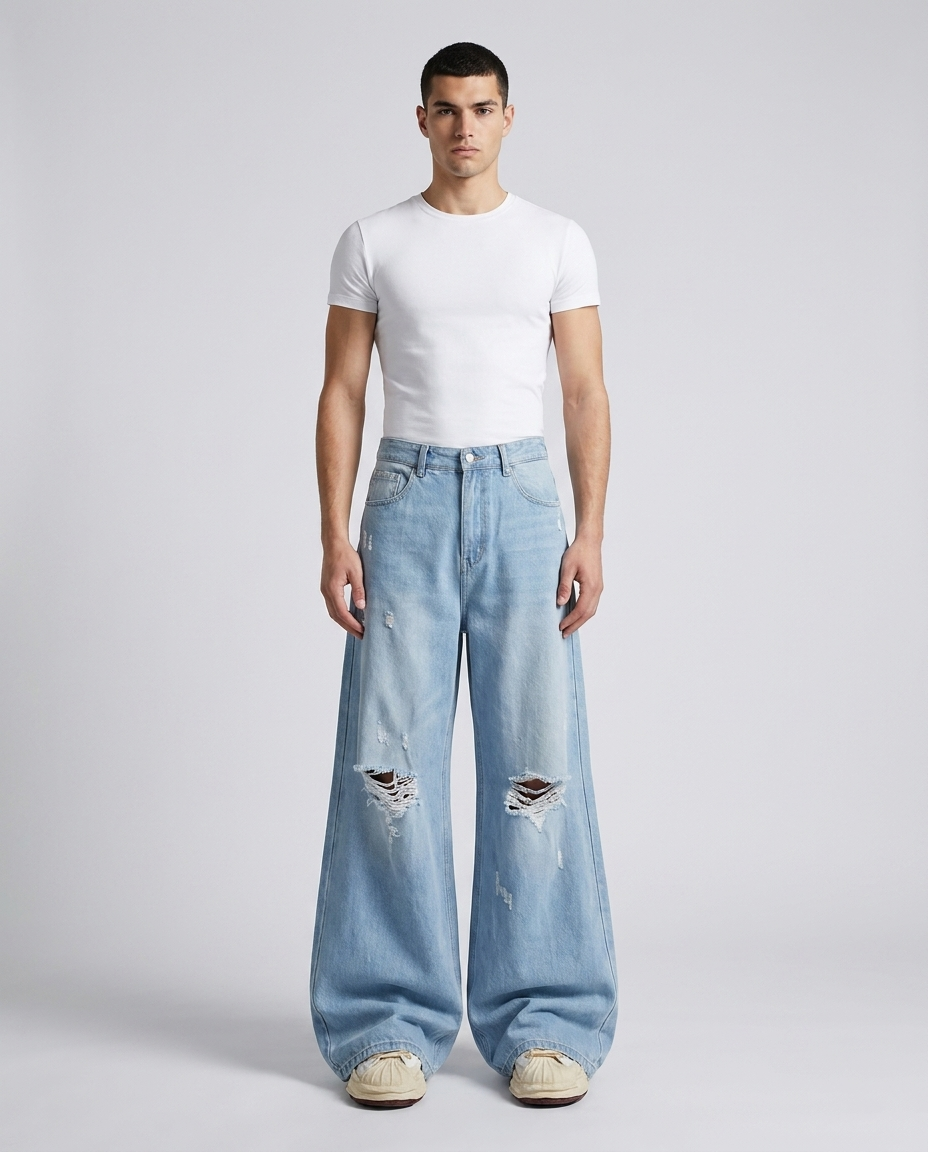 Boulevard Distressed Jeans — Ice Blue on model — mega baggy fit covering sneakers