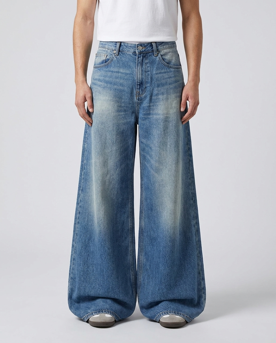 Boulevard Jeans — Lightning Wash on model — mega baggy fit covering sneakers