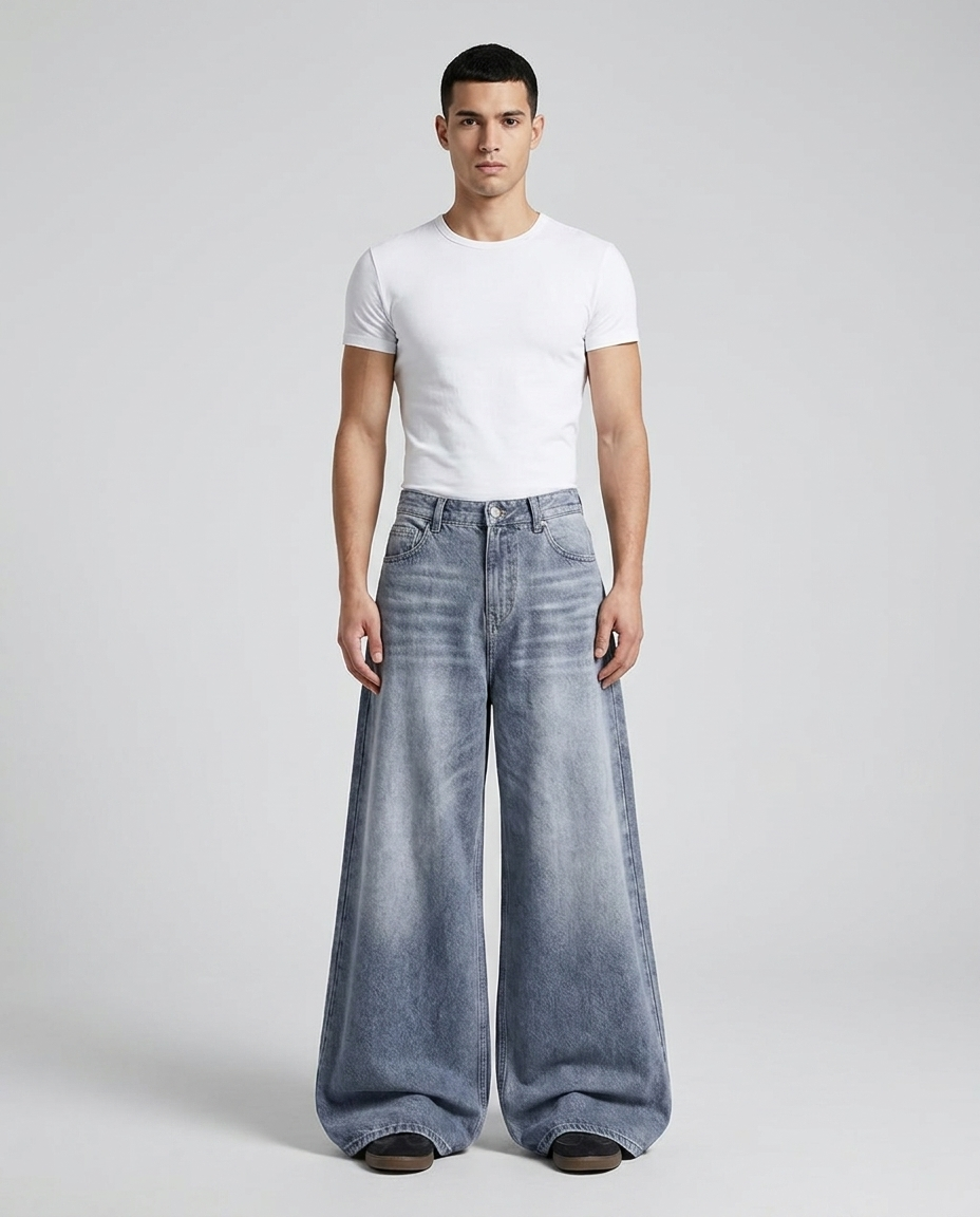 Slack Jeans — Chalk Wash on model — mega baggy fit covering sneakers