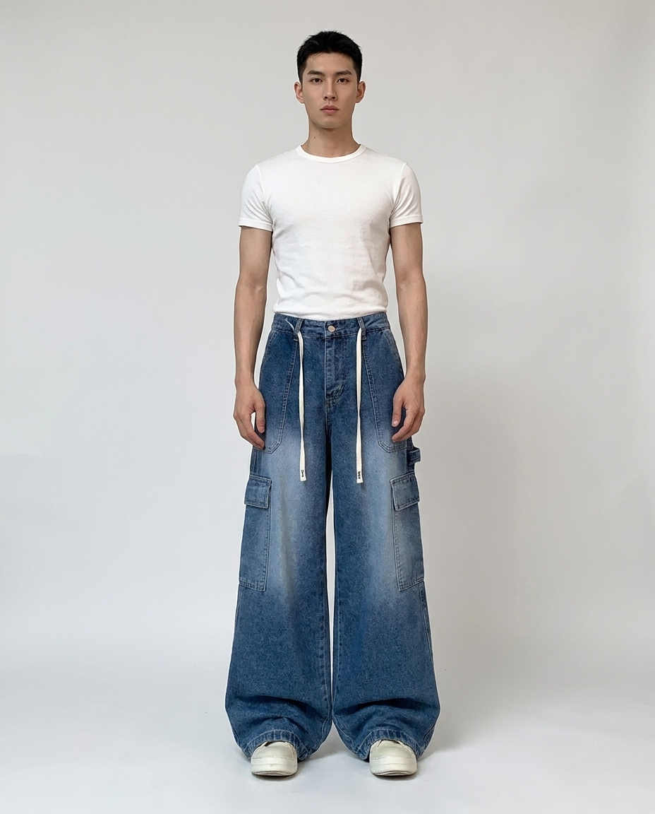 Foreman Jeans — Motor Blue on model — mega baggy fit covering sneakers