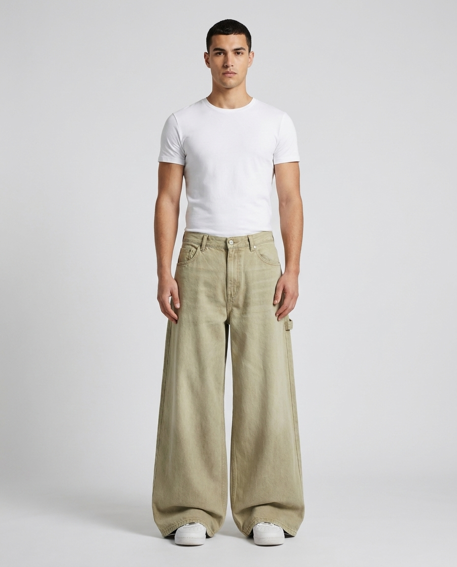 Foreman Jeans — Khaki Fade on model — mega baggy fit covering sneakers