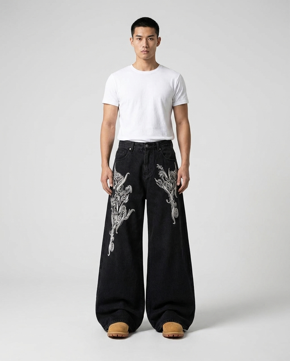 Slack Jeans — Rodeo Night on model — mega baggy fit covering sneakers