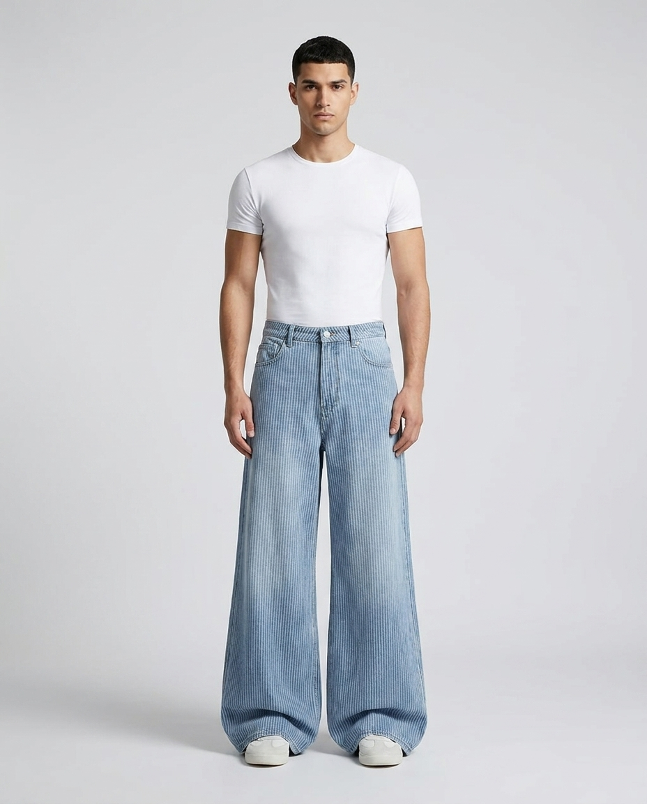 Boulevard Jeans — Rail Stripe on model — mega baggy fit covering sneakers